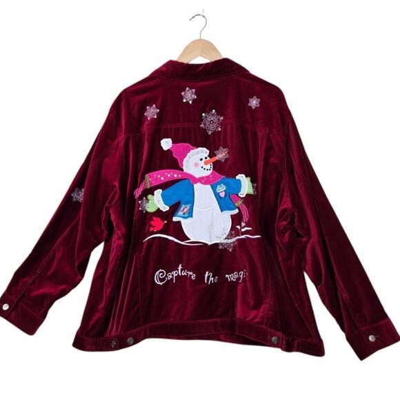 New Quacker Factory "Capture the Magic" Red Velvet Snowman Christmas Jacket Med - Picture 1 of 14